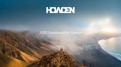The cover of Howden's 2023 sustainability report, a panoramic image of a canyon with two people standing atop a cliff